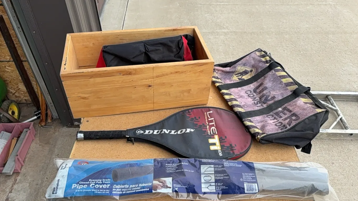 Wood Crate w/ Racket, Bags & Misc