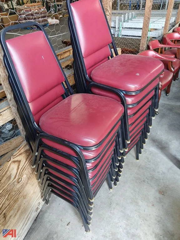 (17) Black Chairs With Red Vinyl Cushions