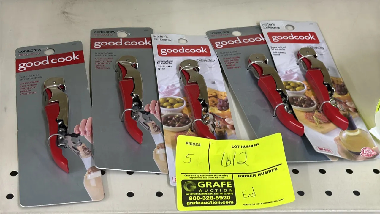 GoodCook waiter's corkscrews. Features built-in foil cutter knife and bottle opener with red handles. In retail packaging.