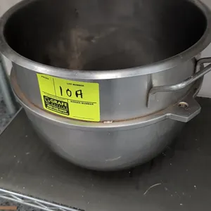 30 qt stainless steel mixer bowl. Features dual side handles and side mounting lugs.