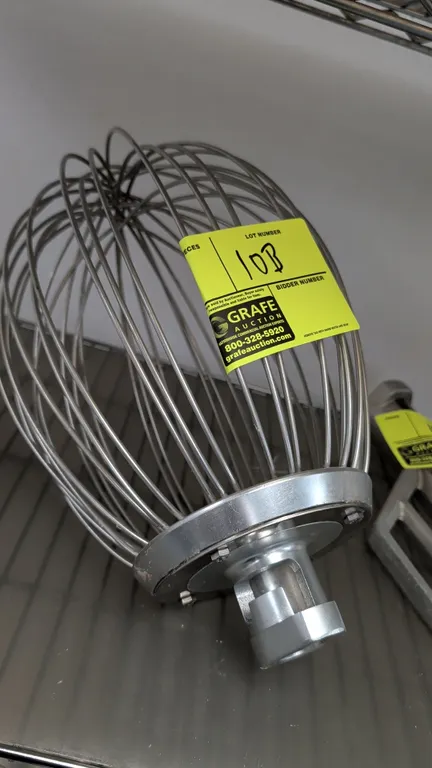 30-quart wire whip commercial mixer attachment. Features stainless steel wire construction with a cast metal bayonet hub mount.