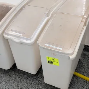 Continental poly ingredient bins. Features white polyethylene construction and clear slide-and-flip lids. 12"W. Mounted on casters.