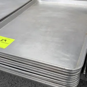 Full-size aluminum sheet pans. Features rolled wire-reinforced rims. Table not included.