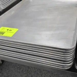 Full-size aluminum sheet pans. Features aluminum construction with wire-reinforced rolled rims.