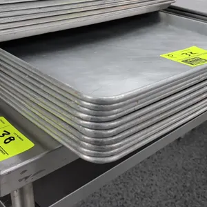 Full-size aluminum sheet pans. Features wire-reinforced rolled rims.