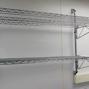 2-tier wire wall-mount shelving rack. Features chrome finish, (2) adjustable wire shelves, and dual upright posts with wall-mount brackets. 48"L.
