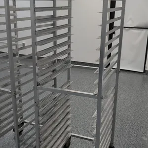 Aluminum front-load sheet pan rack. 20-tray capacity designed for 18" x 26" pans. Mounted on casters.