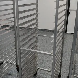 Aluminum 20-pan front-load channel sheet pan rack. Accommodates 18" x 26" pans. Mounted on swivel casters.