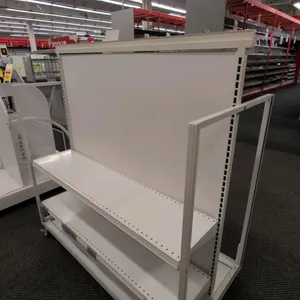 Metal portable double-sided merchandise display rack. Features white finish, solid center panel, adjustable metal shelves, and side end frames. 50"L. 