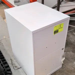 Metal 2-drawer mobile cabinet. Features white finish and locking mechanism with included key. Includes (4) uninstalled casters with mounting hardware.