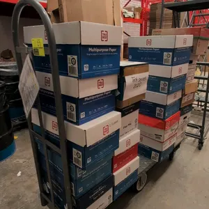 Metal 6-wheel U-boat utility cart. Features a steel deck, tubular end handle, and 6-wheel configuration with center pivot wheels and end casters. 5'L.