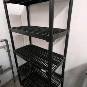 Poly 5-tier storage rack. Features ventilated black plastic shelving. Dimensions: 3'L x 1.5'W x 6'H. Contents not included.