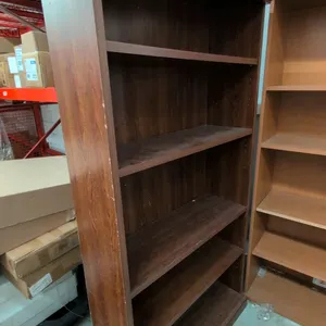Laminate wood 5-tier bookshelf. Features dark wood grain finish, crown molding top trim, and adjustable shelves. 36"W x 14"D x 72"H.