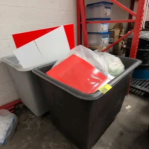 Poly portable bulk containers. Features molded polyethylene tub design with rolled top rim. Includes (1) black and (1) gray container. 40"L x 29"W x 3