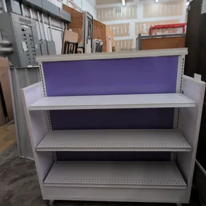 51"L portable double-sided metal merchandise display rack. Features purple back panels, adjustable perforated metal shelves, and finished end panels. 