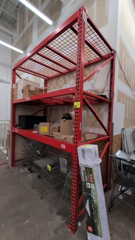 8'L section of Madix teardrop pallet racking. Features 3-1/2" to 5" crossbars and wire mesh decks. Dimensions: 4'W x 10'H. Contents not included.