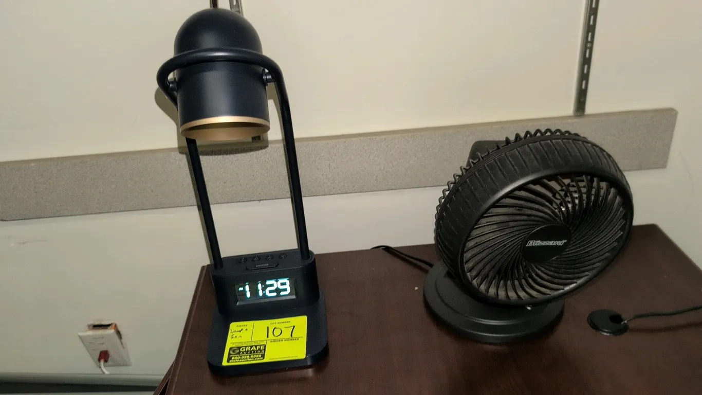 Holmes Blizzard HAOF87 8" electric fan and Sheffield Labs Newport TL439Q multifunction LED desk lamp with digital clock display. Fan electrical: 120V,
