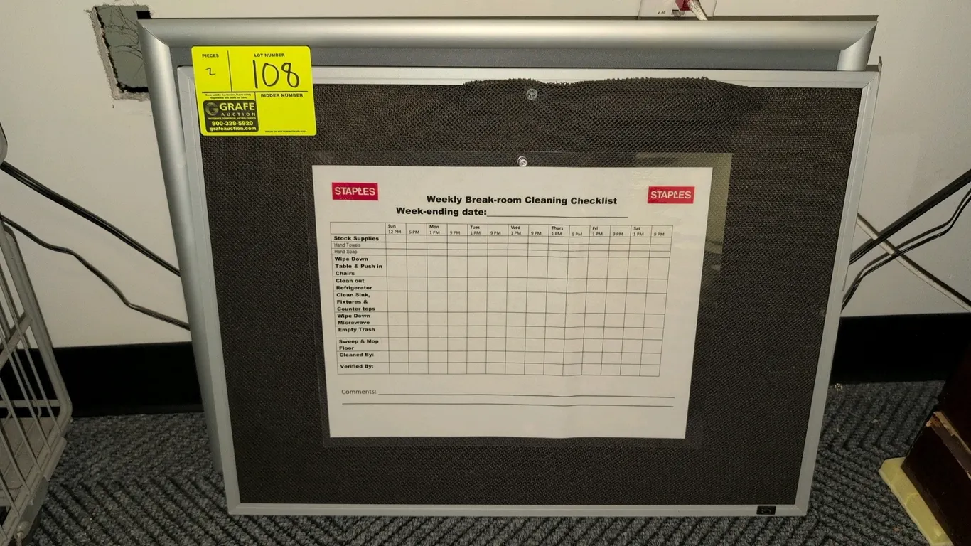 Assorted display boards. Includes fabric bulletin pin board and dry-erase message board. Features aluminum snap-style frames.