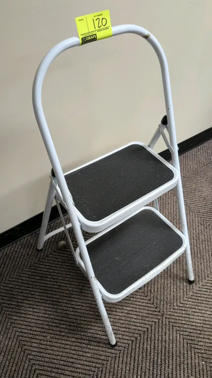 Folding 2-step metal step stool. Features a white tubular metal frame, slip-resistant step treads, and an integrated top handrail.