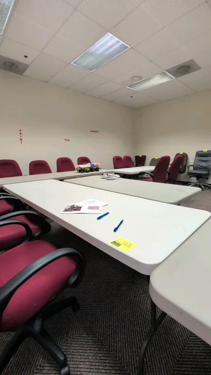 Polyethylene folding tables. Includes (1) 6'L table and (1) 8'L table. Features molded plastic tops and folding metal bases. Chairs and tabletop items