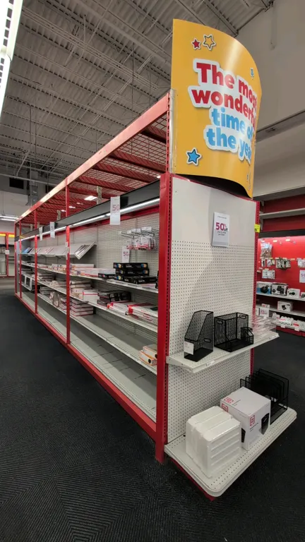 60'L of Madix gondola shelving. Features 108"H uprights, 18"/18" base decks, pegboard backing, adjustable metal shelves, overspan top racking with wir