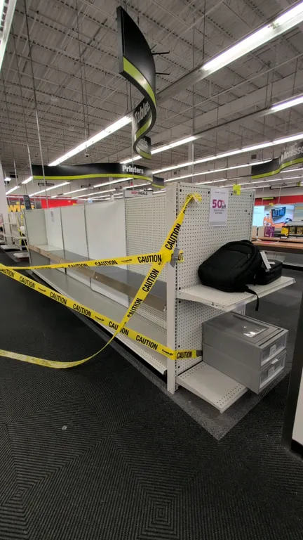 35'L of Madix gondola shelving. Features 60"H uprights with 18"/18" base shelves, adjustable upper shelves, and pegboard backing. Contents not include