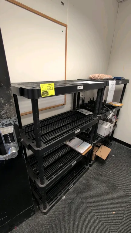 4-tier polymer storage racks. Features black molded plastic construction with ventilated shelves. 36"W x 18"D x 55"H each. Contents not included.