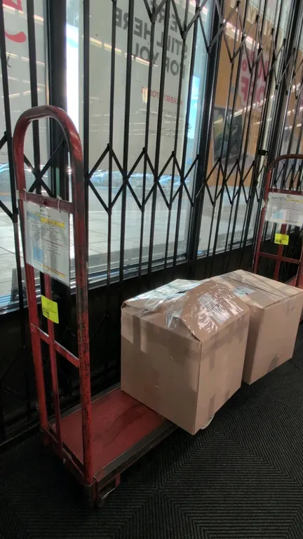 Metal 6-wheel U-boat stocking cart. Features tall tubular handles and a solid platform bed. 5'L. Mounted on a 6-wheel configuration. Contents not incl
