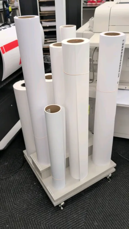 Laminate portable roll media storage dolly. Features tiered base design with vertical roll storage pegs. 21". Mounted on swivel casters. Contents not