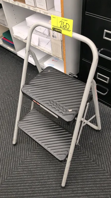 Cosco 2-step folding step ladder. Features a tubular metal frame, molded slip-resistant black steps, and upper safety hand grip.