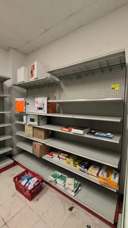 8'L of Madix wall shelving. Features pegboard backing, 18"D base shelves, adjustable upper shelves, and top wire dividers. 84"H. Contents not included