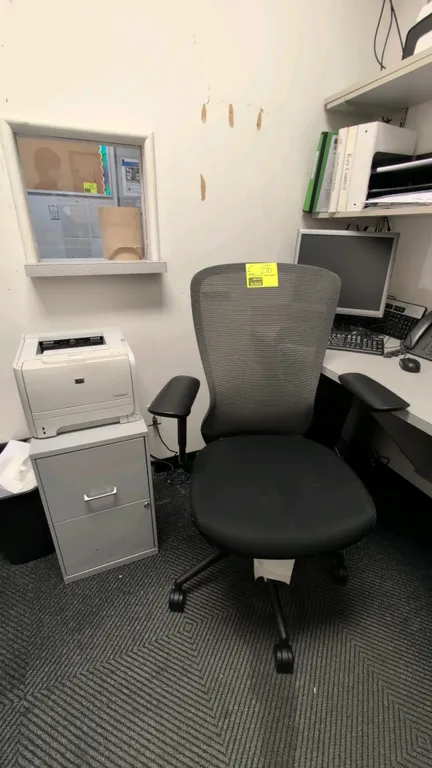 Office chair with 2-tier metal filing cabinet. Office chair features a grey mesh back, cushioned fabric seat, adjustable armrests, and a 5-star caster