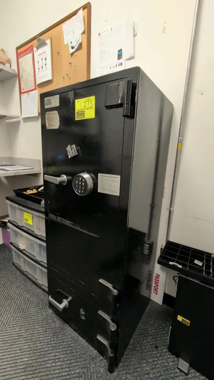 Corporate Safe Specialists commercial metal safe. Features an upper compartment with digital electronic keypad lock and a lower compartment with key l