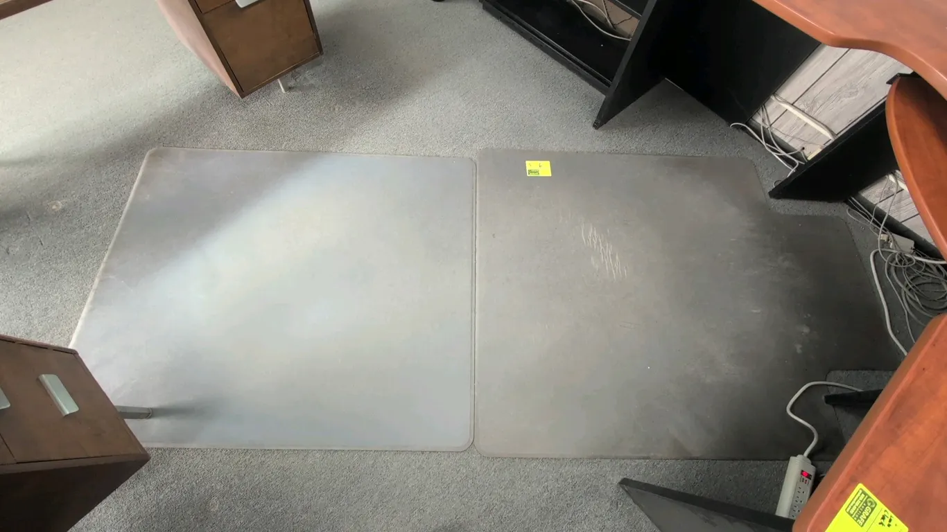 Poly office chair mats. Includes (1) rectangular mat and (1) mat with extended lip. Designed for floor and carpet protection. Desks and surrounding of