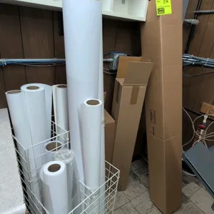 Assorted wide format print media and plotter paper rolls. Includes various media types and sizes such as Sihl 3900 50" x 100' polypropylene outdoor fi