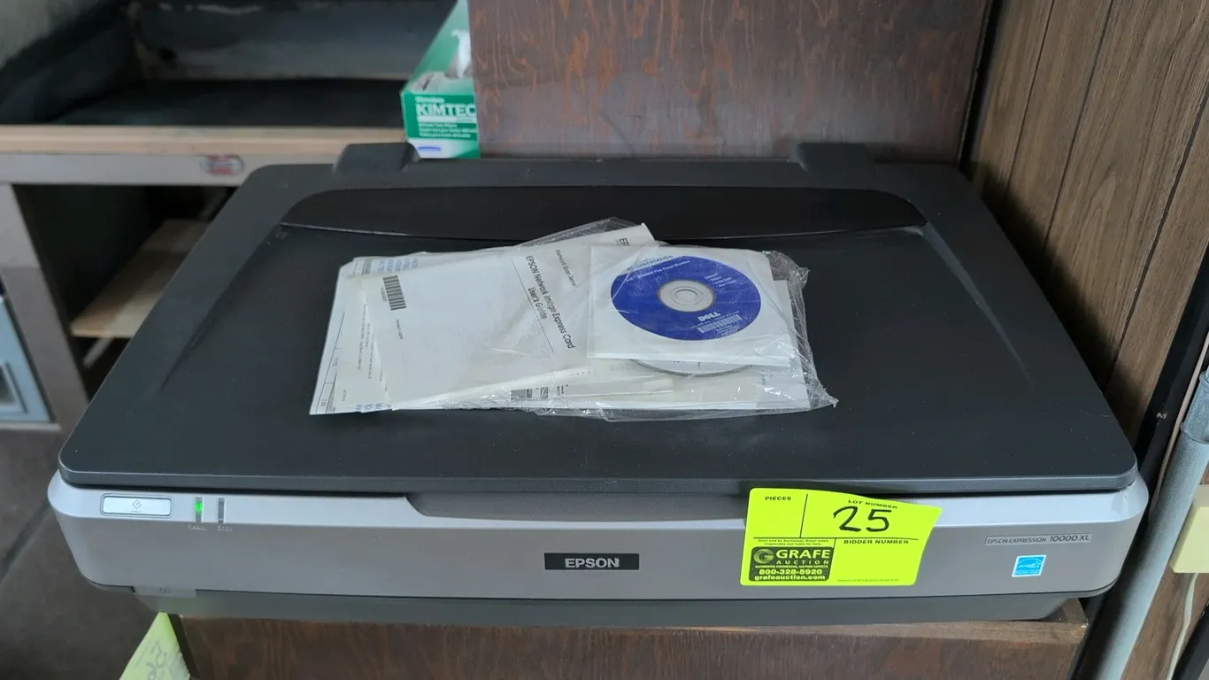Epson Expression 10000 XL (Model J181A) wide-format graphic arts flatbed scanner. Includes user's guide and software discs. S/N: FVS0016345. Electrica