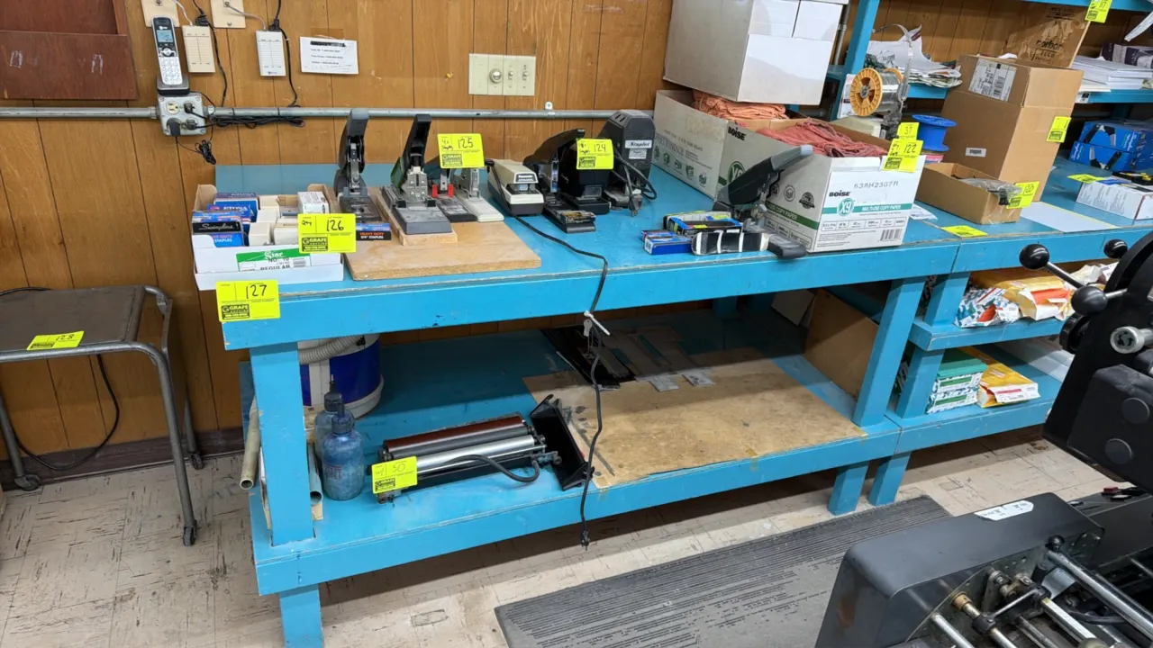 Wood work table. Features painted blue finish and full-length lower storage shelf. Dimensions: 6'L x 3'W x 3'H. Contents not included.
