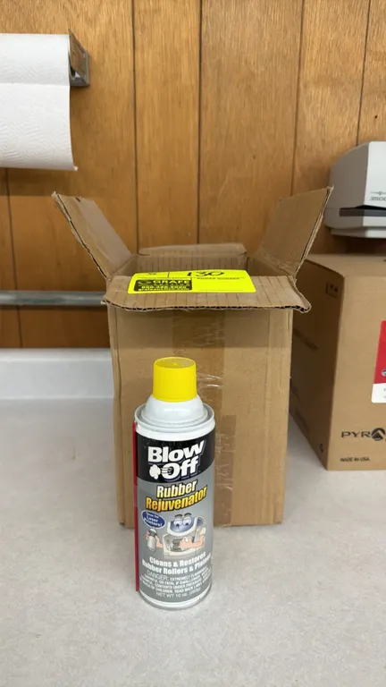 Blow Off Rubber Rejuvenator spray cans. Formulated to clean and restore rubber rollers and platens for laser printers. 10 oz net weight per can. Inclu