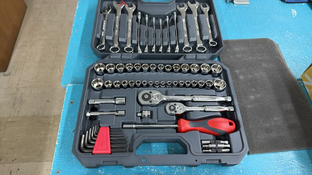 Crescent portable mechanics tool set. Includes ratchets, SAE and metric sockets, combination wrenches, hex keys, bit driver with assorted bits, and ex