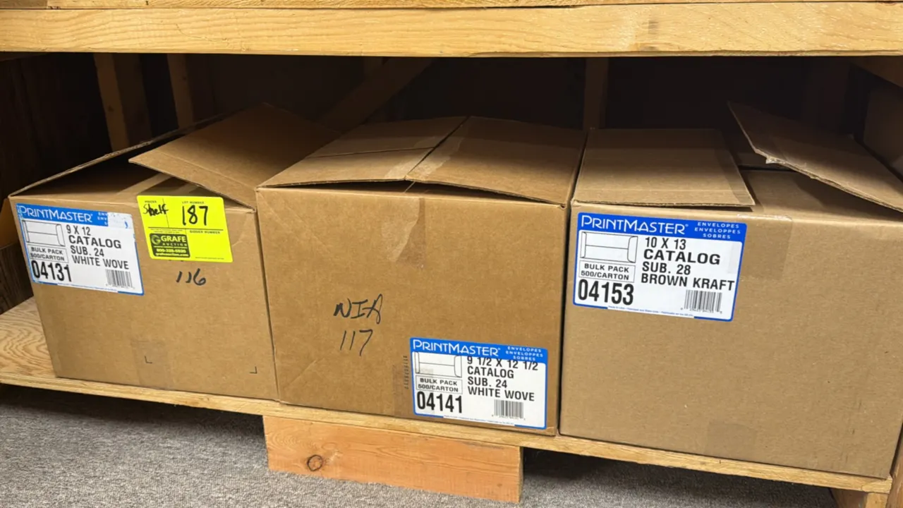 Assorted envelopes and paper stock. Includes Printmaster catalog and booklet envelopes in assorted sizes (6" x 9", 9" x 12", 9-1/2" x 12-1/2", 10" x 1