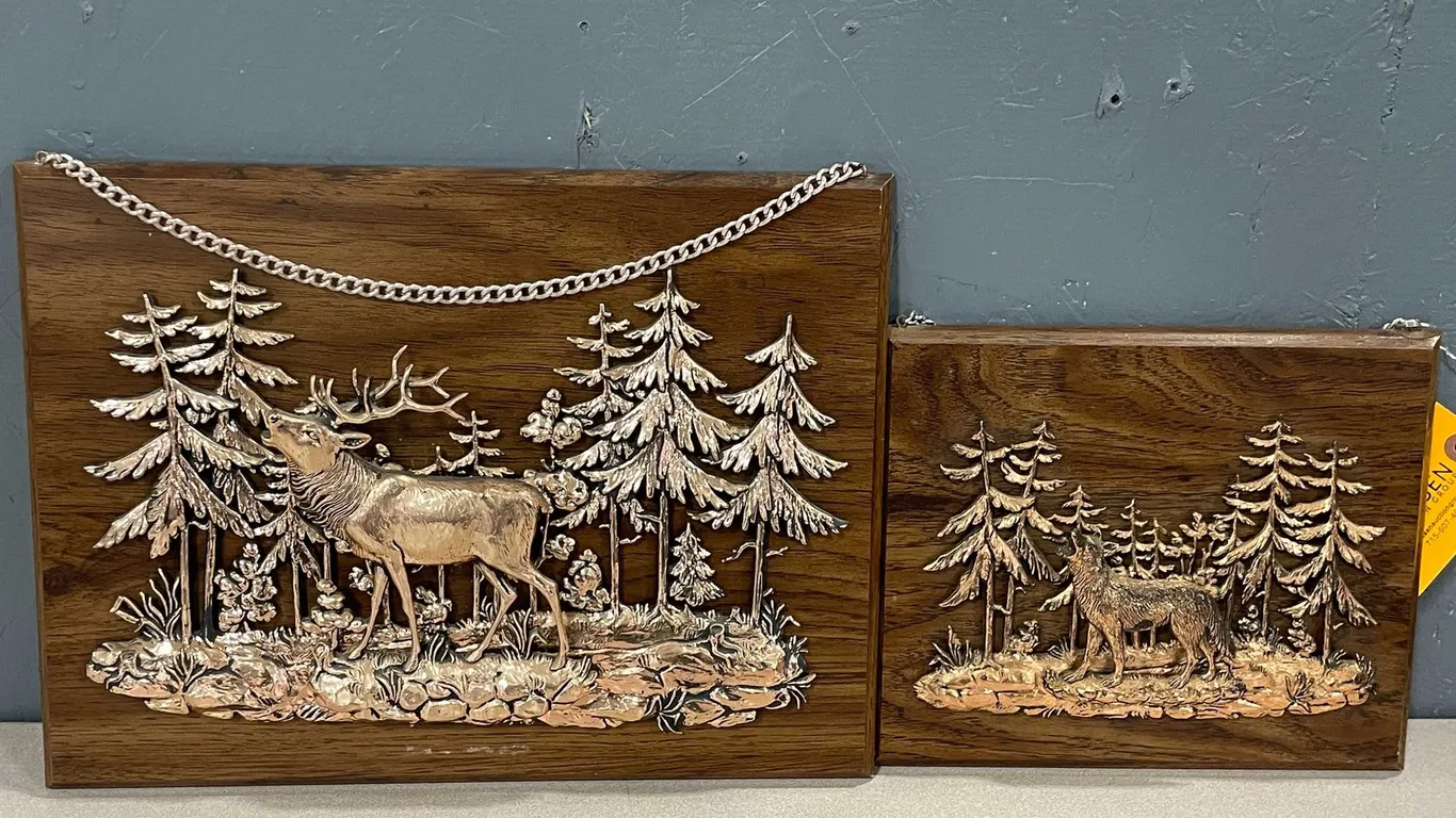 Vintage Raised Relief Of A Deer In The Forest and Wolf In The Forest Wall Art (T4)