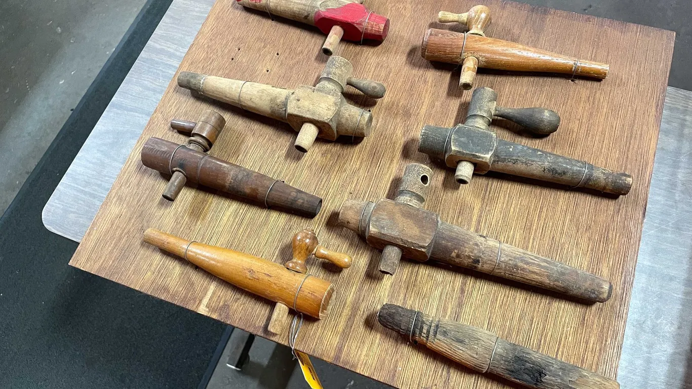 Antique Wooden Barrel Taps Displayed As Wall Art (T5)