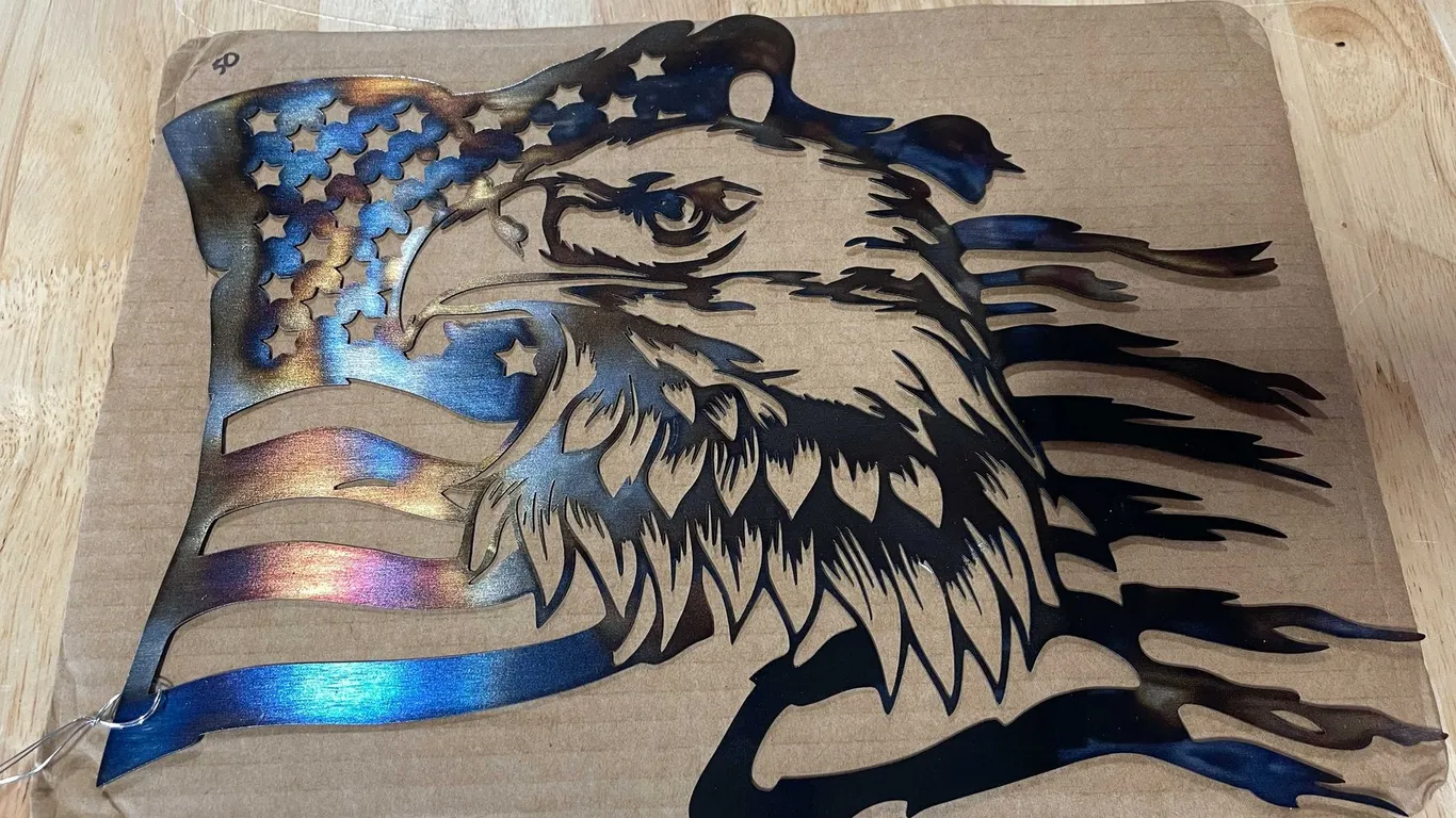 Laser cut metal sign of flag and eagle (T2)