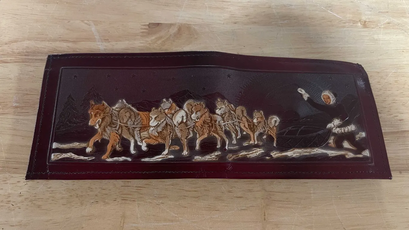 Vintage Wales Hand Tooled Leather Wallet Alaska Dog Sled NOS (T4)