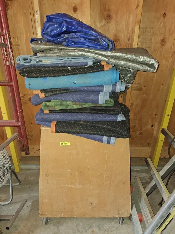Wood Stand on Wheels, Assorted Moving Blankets and Tarps