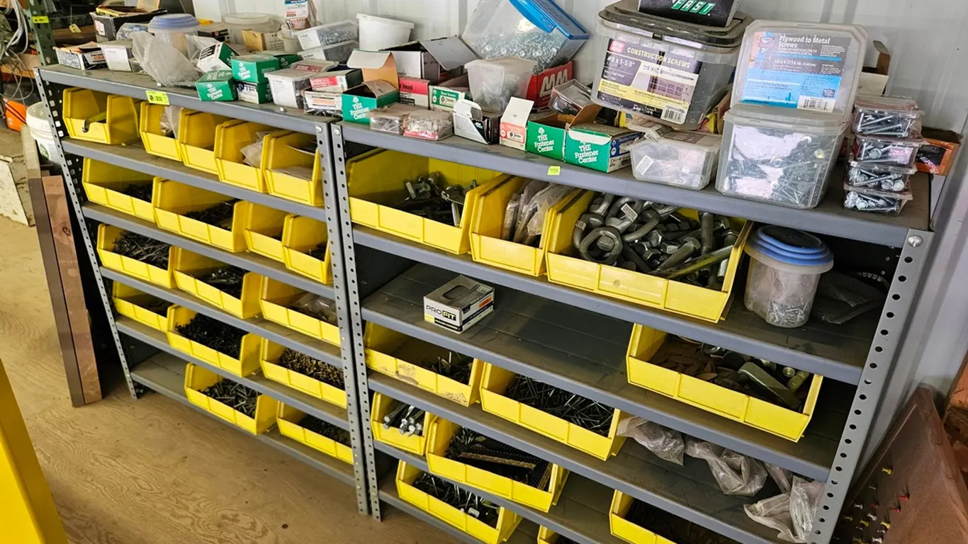 2 Metal Shelves 36"x12"x39" with Contents, Hardware, More