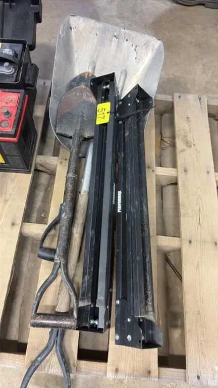 Assorted shovels, foldable saw horses