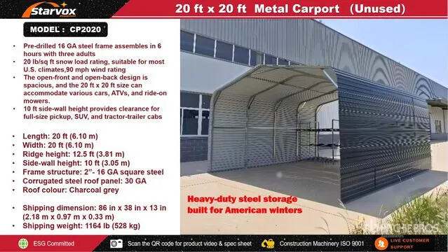 2026 STARVOX CP2020 20 ft x 20 ft Carport (Unused)