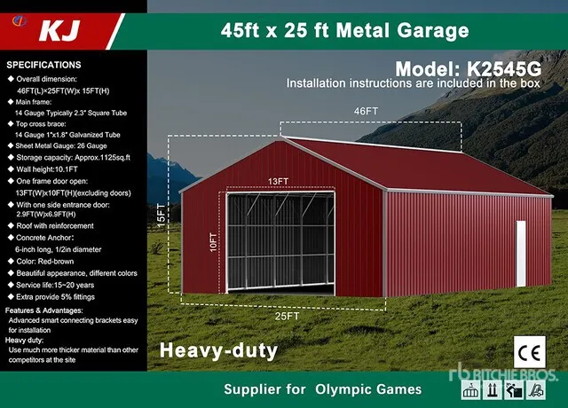 2026 KJ K2545G 25 ft x 45 ft Metal Garage Storage Building (Unused)