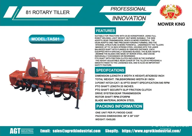 2026 Mower King TAS-81 72 in 3-Point Rotary Tiller (Unused)